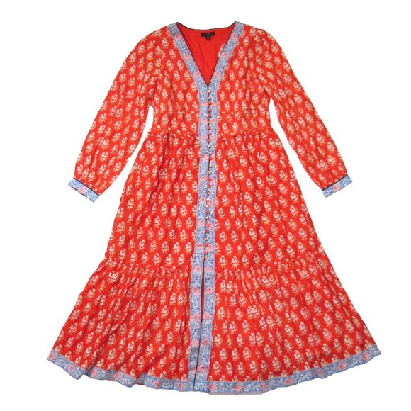 NWT J.Crew Button-up Tiered Midi in Cerise Cove Red Classic Block Print Dress 10 - Picture 2 of 8